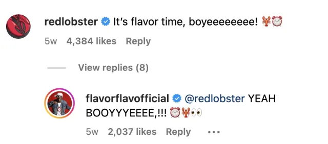 Screenshot of an Instagram exchange between Red Lobster and Flavor Flav.