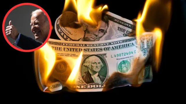 Archival source composite showing Joe Biden and an illustration of a burning banknote