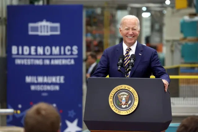 Archival photograph of Joe Biden at a Bidenomics lectern