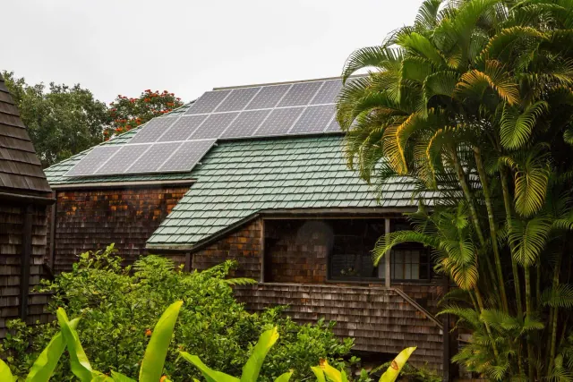Solar panels on a house surrounded by trees