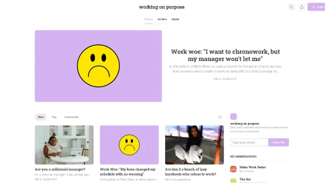 An archival screenshot of the Working On Purpose newsletter