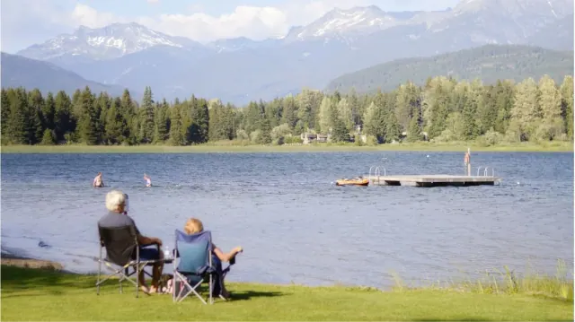 Two people seated by a lake with mountains beyond