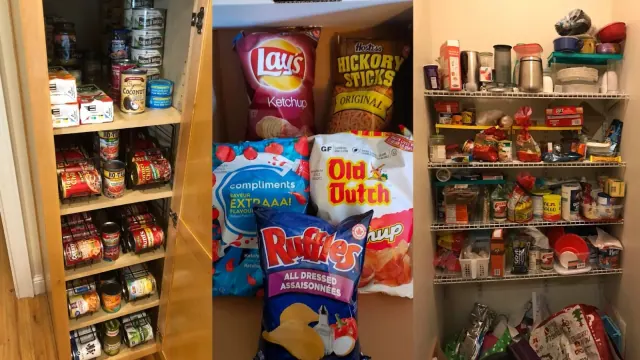 Household staples (such as chips, canned goods, and flours/pastas) are pictured, both in pantries and on a table.