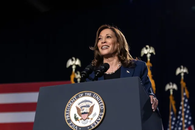 WEST ALLIS, WISCONSIN - JULY 23: Democratic presidential candidate, U.S. Vice President Kamala Harris speaks to supporters during a campaign rally at West Allis Central High School on July 23, 2024 in West Allis, Wisconsin. Harris made her first campaign appearance as the party's presidential candidate, with an endorsement from President Biden. (Photo by Jim Vondruska/Getty Images)