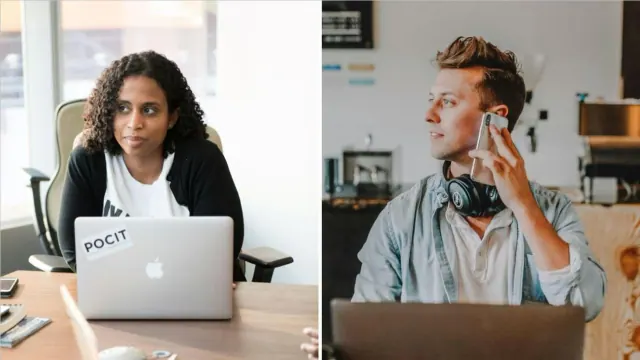 A woman sitting at a desk in front of a laptop; a man on the phone looking off to the side.