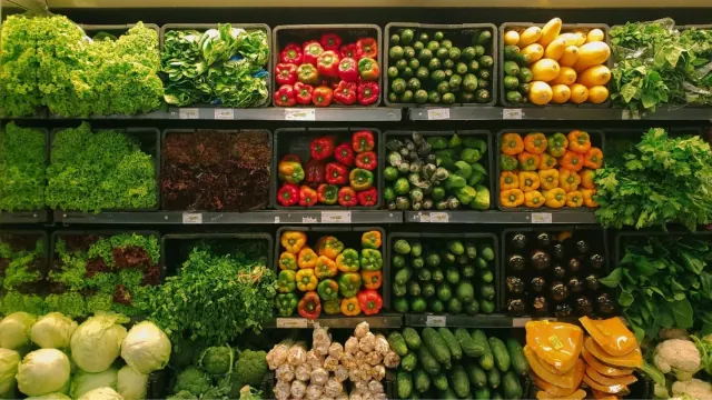 Produce displayed on supermarket shelves