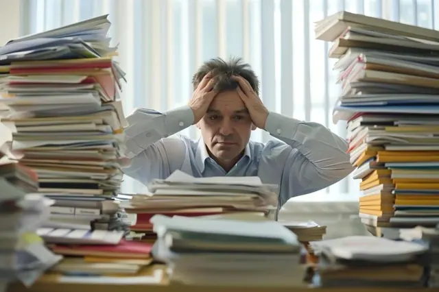 A person seated between stacks of paperwork