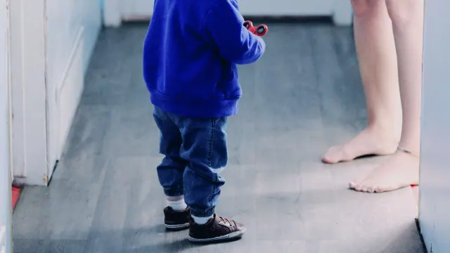 A young child standing near an adult