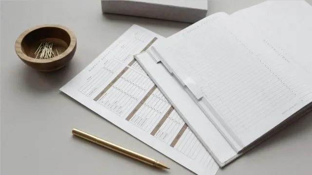 Financial papers and planners beside a pen and a bowl of paper clips on a white surface.