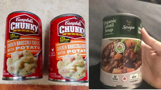 Two cans of brand-name and one can of off-brand soup are pictured for comparison.