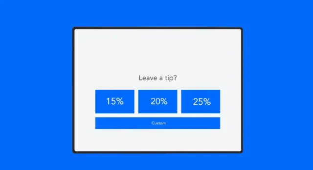 A tipping screen offers 15, 20 and 25 percent options.