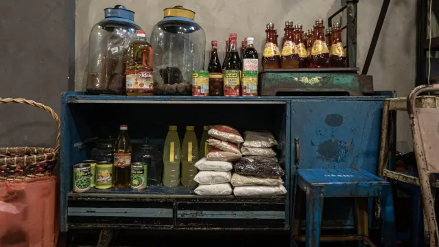 Food and drinks stored on shelves