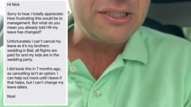 Archived video frame displaying a reply about paid travel and a family wedding