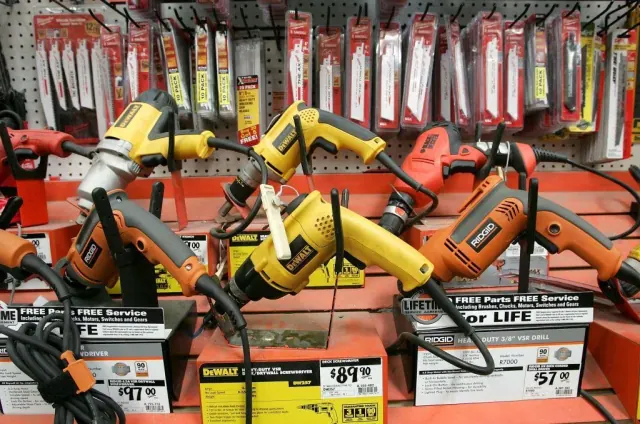 Power tools on display at a Home Depot store