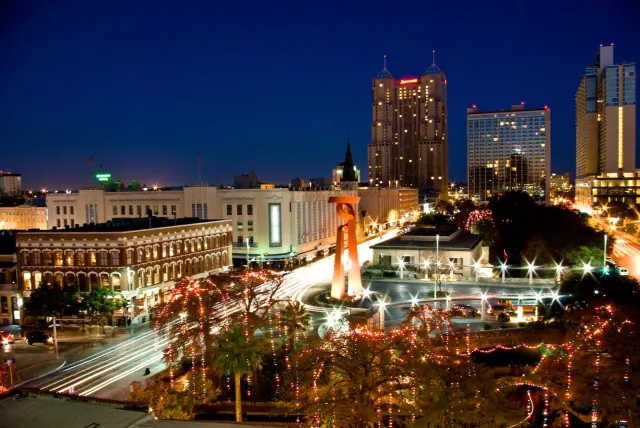 A city skyline at night