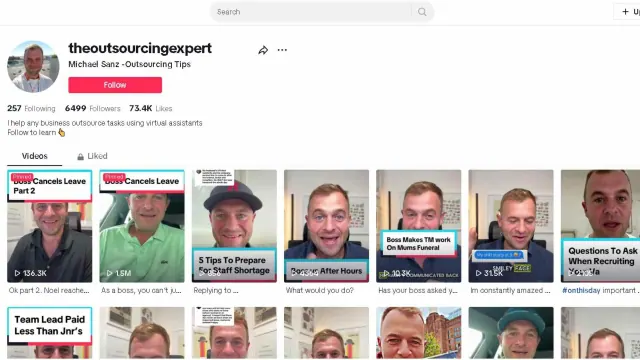 Archived TikTok profile page displaying the handle theoutsourcingexpert