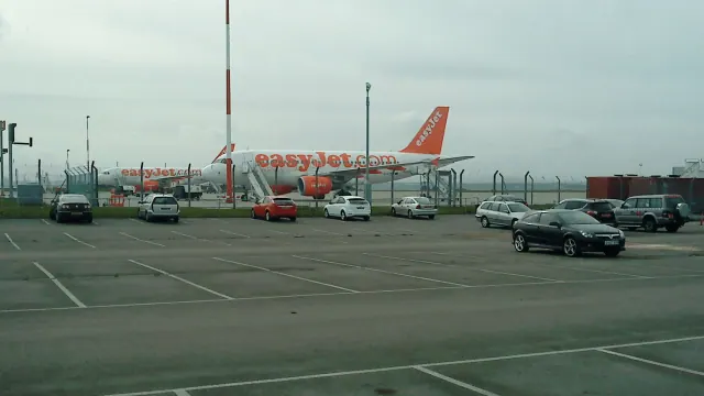 Airport buildings and parked aircraft