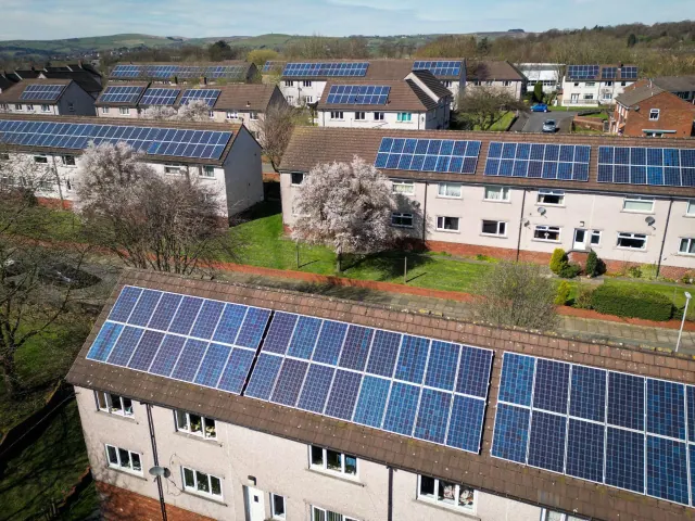 Solar panels across a residential neighborhood