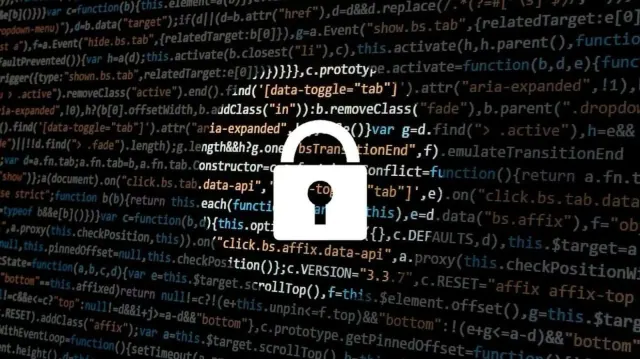An illustration of a padlock over computer code