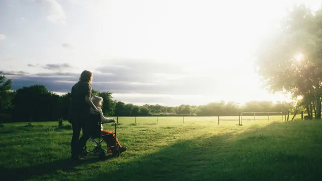 Two people with a mobility aid in a sunlit field