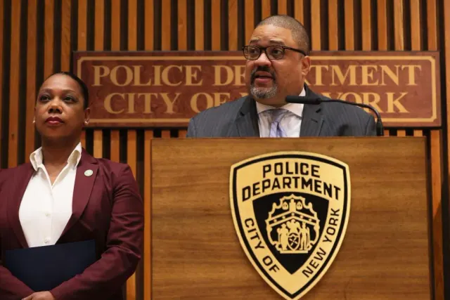 Manhattan DA Alvin Bragg speaks during a press conference at 1 Police Plaza on April 18, 2023 in New York City