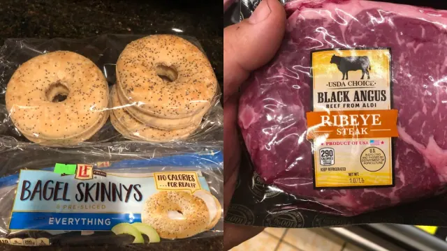 Aldi brand bagels and meat are pictured against neutral backgrounds.