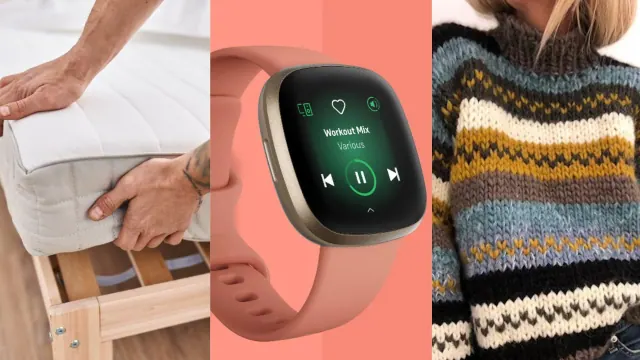 Hands moving a mattress/Fitbit on a pink background/A hand-knit sweater