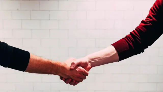 Two people shaking hands in front of a light wall
