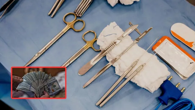 A person fanning many American dollars in their hands; a close-up of medical tools at a hospital.