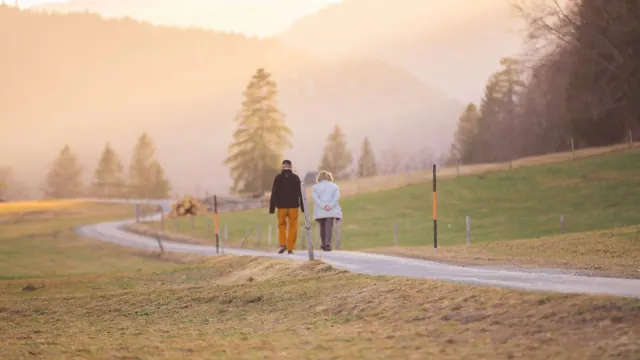 Two older people walking together down a path outside.