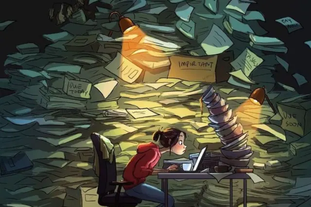 An illustration of a worker beneath a pile of envelopes