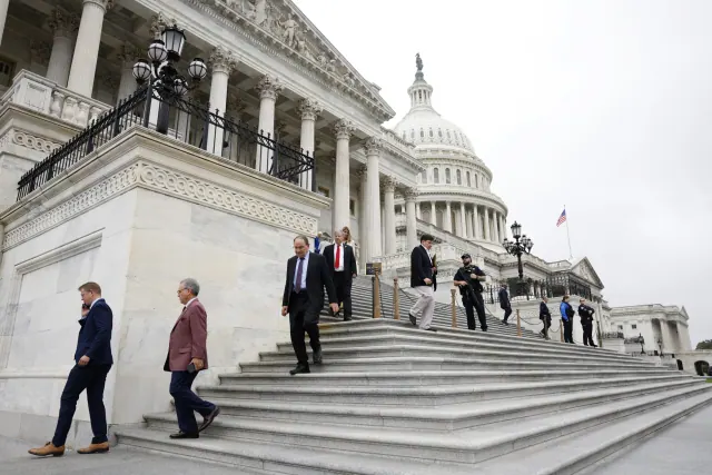WASHINGTON, DC - SEPTEMBER 25: Members of the U.S. House of Representatives leave the U.S. Capitol after a series of votes on September 25, 2024 in Washington, DC. In a 341 to 82 vote, the House of Representatives passed legislation to avoid a funding lapse and government shutdown. The bill is one of 7 big money bills in Congress now.