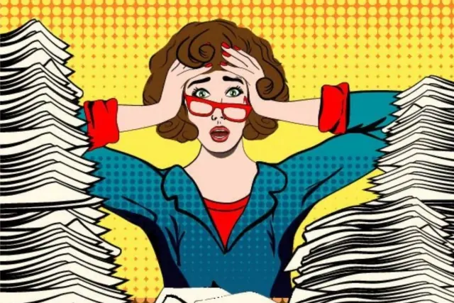 An illustration of a person surrounded by paperwork