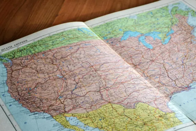 Book opened up to a map of the USA