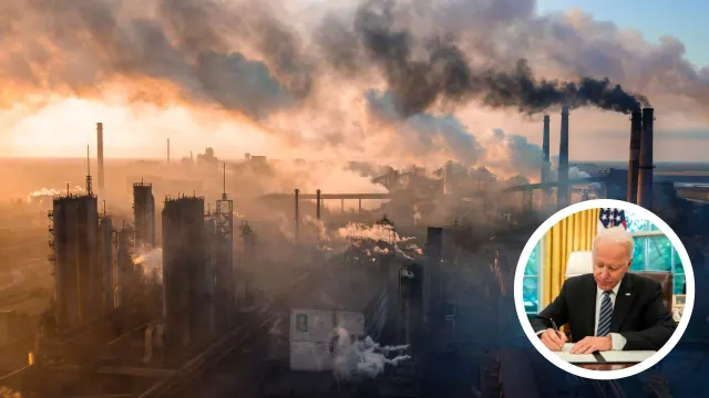 Original composite of industrial stacks with an inset photograph of Joe Biden at a desk