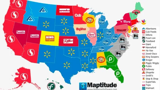 Archival map illustrating supermarket brands by state