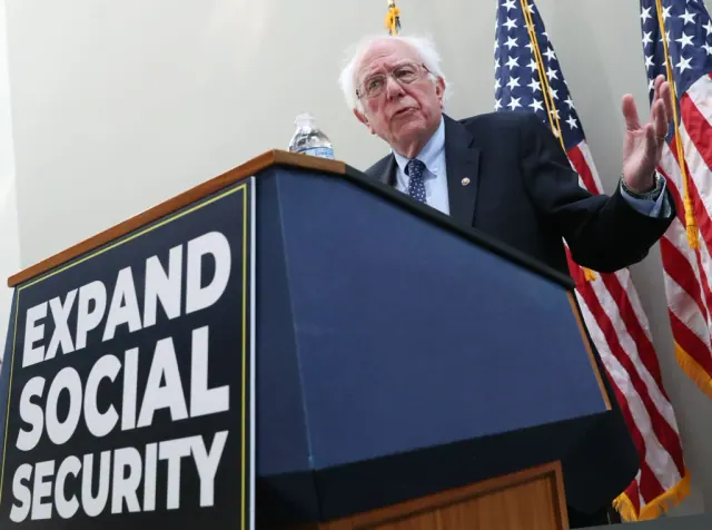 WASHINGTON, DC - FEBRUARY 13: Sen. Bernie Sanders (I-VT) speaks during a news conference to announce legislation to expand Social Security, on Capitol Hill February 13, 2019 in Washington, DC. Sen. Sanders proposal would contribute to Social Security with payroll taxes on income above $250,000.