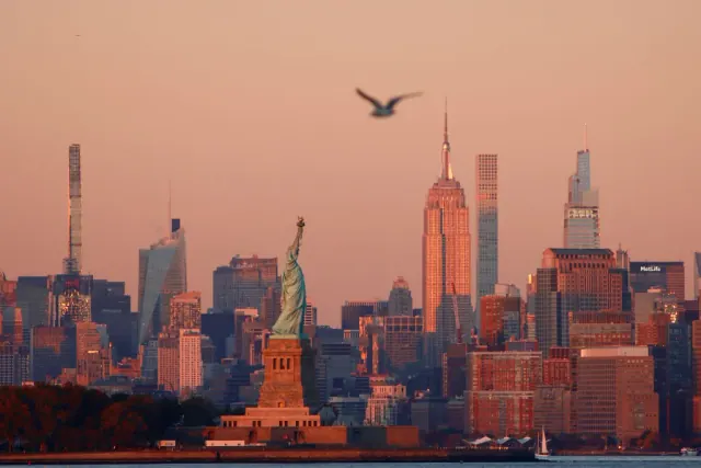 The New York skyline at sunset