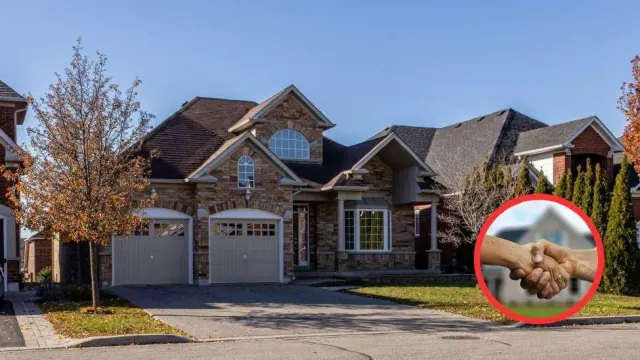 Illustrative composite of a house exterior and an inset showing a handshake